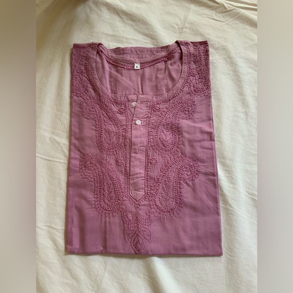 Tunic Kurta Woman’s Top Hand Embroidered 100% Cotton Paisely Print Purple